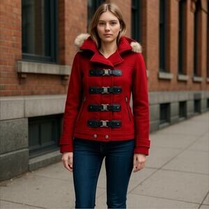 Dollhouse Outerwear Coat Red Faux Fur Trim Removable Hood Size S